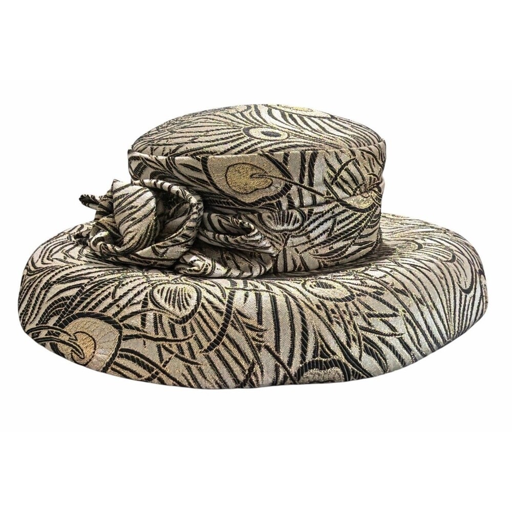 Nina‎ Massini Black Gold Church Hat Wool Embroidered Derby Formal Women